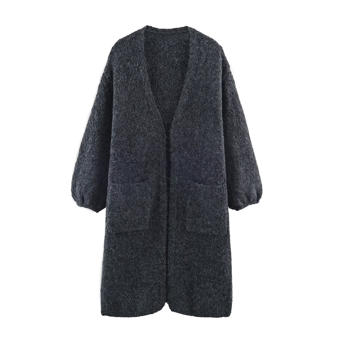 Damen Oversize Strickmantel mit V‑Ausschnitt, kuscheliger Bouclé‑Optik und aufgesetzten Taschen Drune