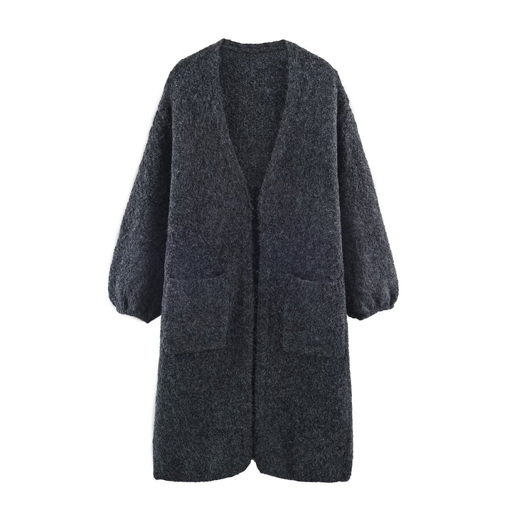 Damen Oversize Strickmantel mit V‑Ausschnitt, kuscheliger Bouclé‑Optik und aufgesetzten Taschen Drune
