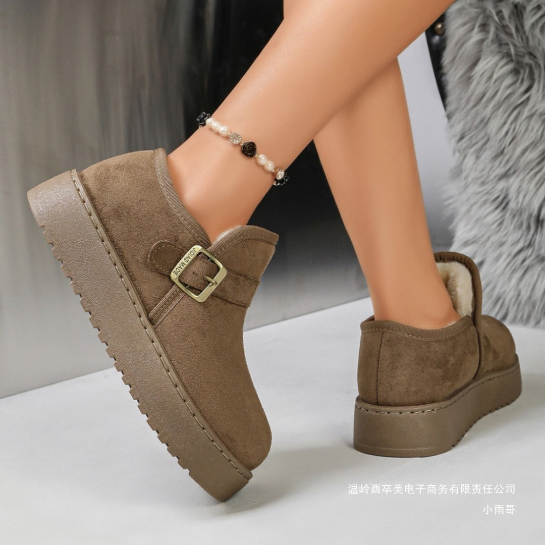 Damen Gefütterte Kurzschaft-Stiefel in Wildleder-Optik mit Plateau und Schnallenriemen Drune