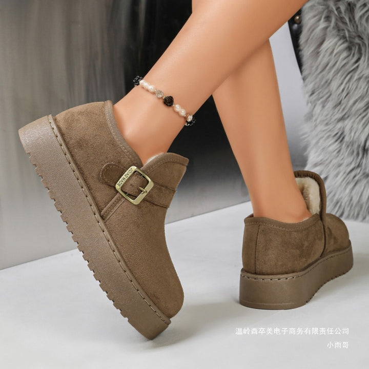 Damen Gefütterte Kurzschaft-Stiefel in Wildleder-Optik mit Plateau und Schnallenriemen Drune