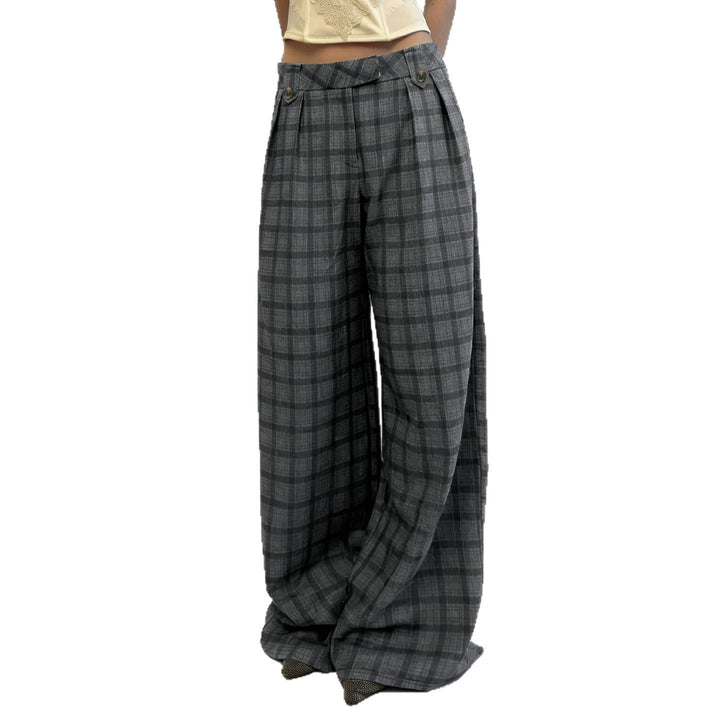 Damen Weite Karierte High-Waist Culotte-Hose mit Bundfalten Drune