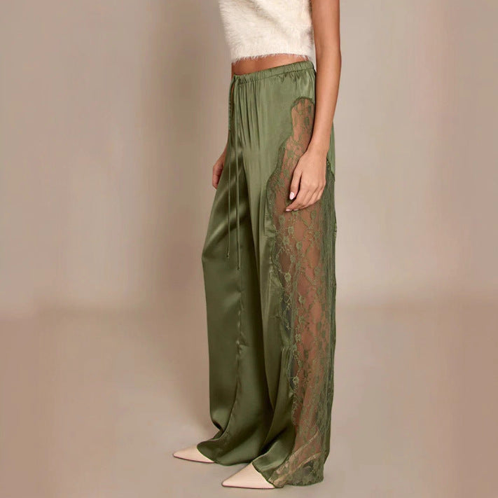 Damen nan Satinhose mit seitlichen Spitzeneinsätzen, weitem Bein und Tunnelzug Drune