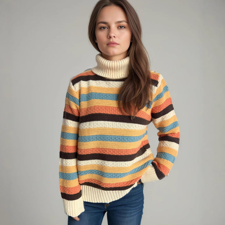 Damen gestreifter Rollkragenpullover mit lässigem Schnitt und weicher Textur Drune