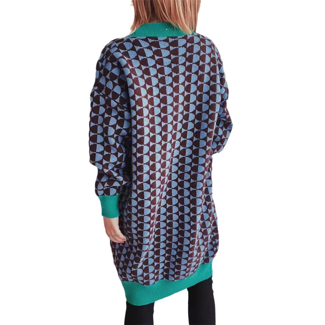 Damen lässiger Strickcardigan mit modernem geometrischem Muster und praktischen Taschen Drune
