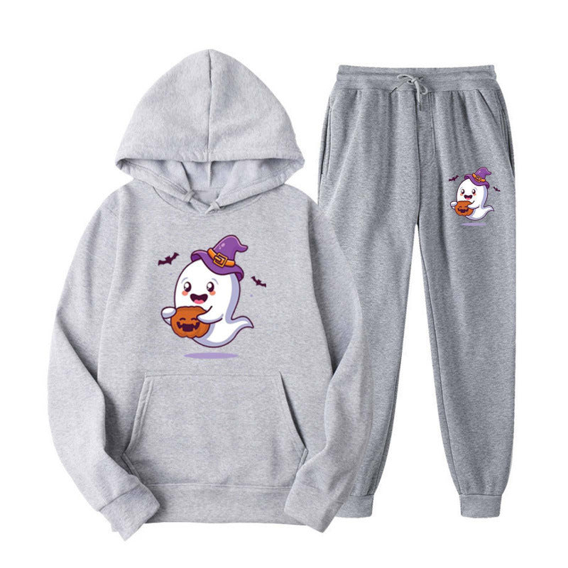 Unisex nan kuscheliger Kapuzenpullover und Jogginghose Set mit Halloween-Geistprint Drune