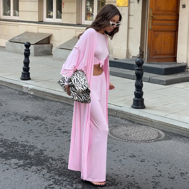 Damen Loungewear-Kombination mit weit geschnittenem Oberteil und weiten Hosen Drune