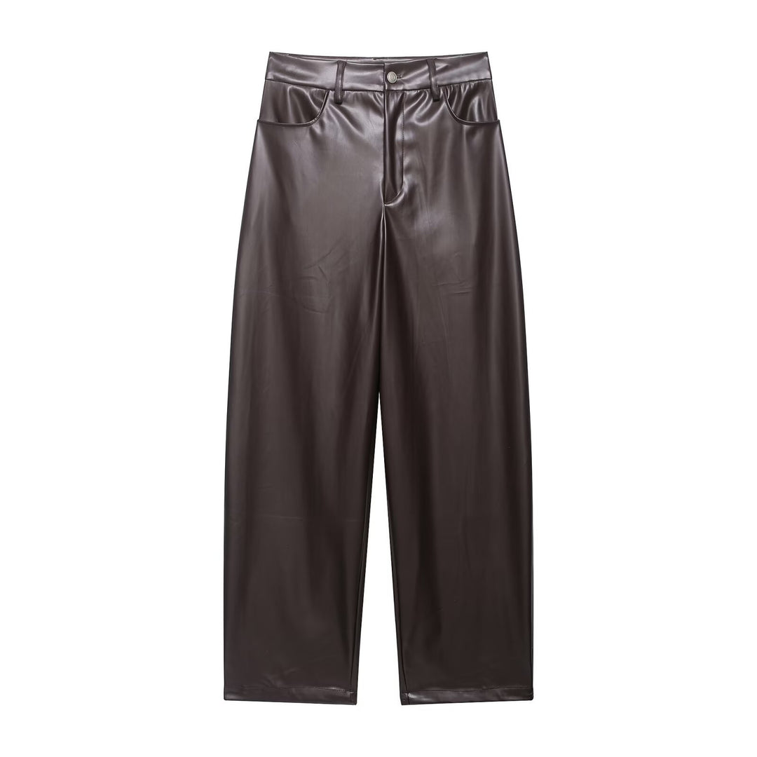 Damen Zweiteiliges PU-Leder-Ensemble mit Fieldjacke, Kordelzugtaillierung und High‑Waist Wide‑Leg Hose Drune
