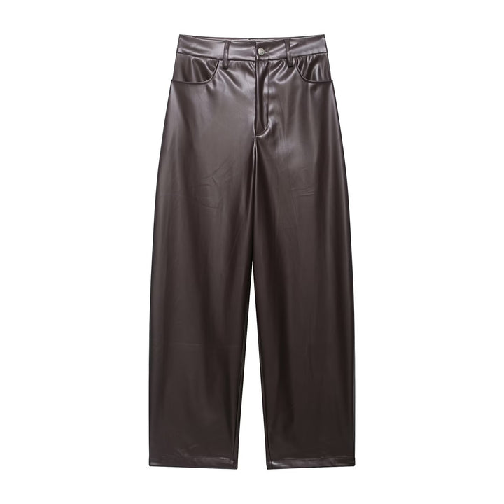 Damen Zweiteiliges PU-Leder-Ensemble mit Fieldjacke, Kordelzugtaillierung und High‑Waist Wide‑Leg Hose Drune