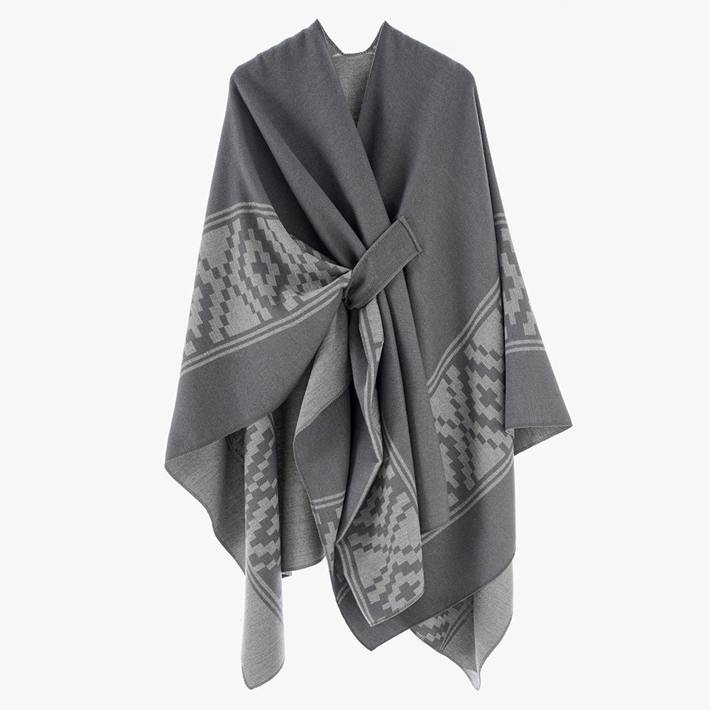 Damen Jacquard‑Ruana mit Bindegürtel und geometrischem Muster Drune