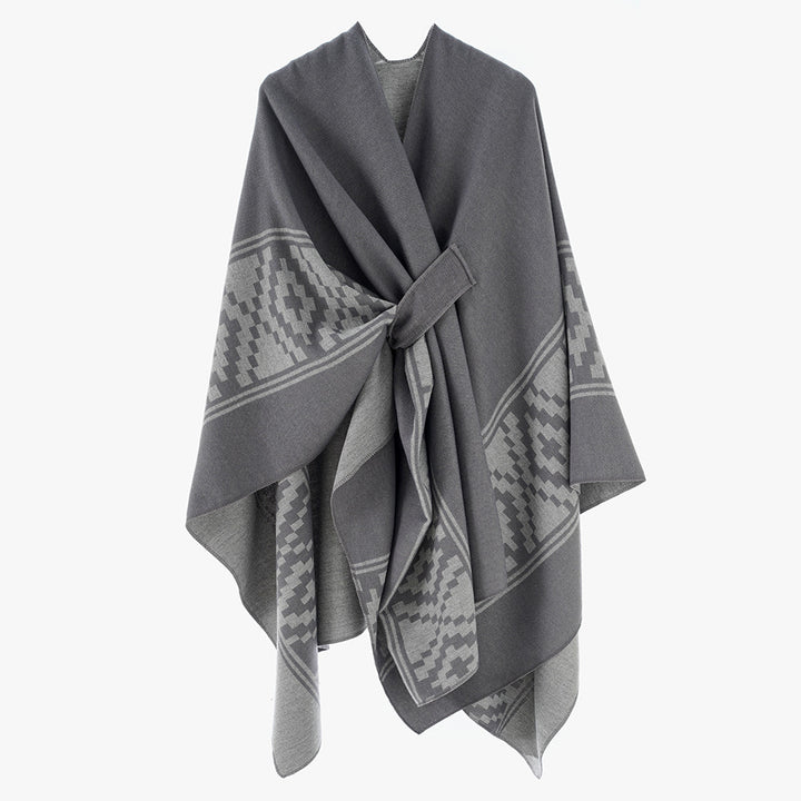 Damen Jacquard‑Ruana mit Bindegürtel und geometrischem Muster Drune