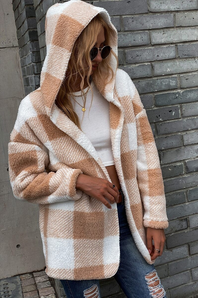 Drune | Lamm Lockerer Kapuzen Plaid Strickjacke Jacke