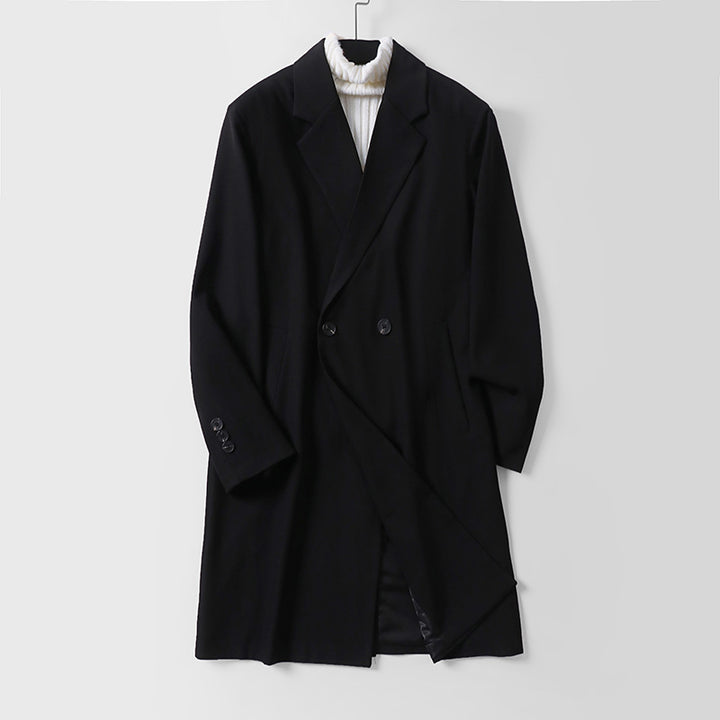 Herren Longline-Mantel im minimalistischen Schnitt mit Schalkragen und zweireihiger Knopfleiste Drune