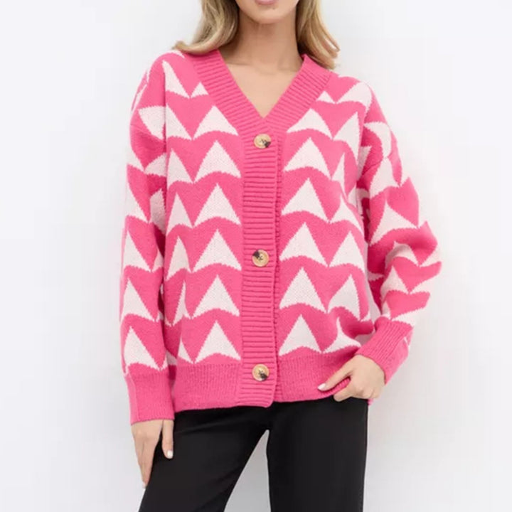 Damen cardigan mit modernem Wellenmuster und goldenen Knöpfen Drune