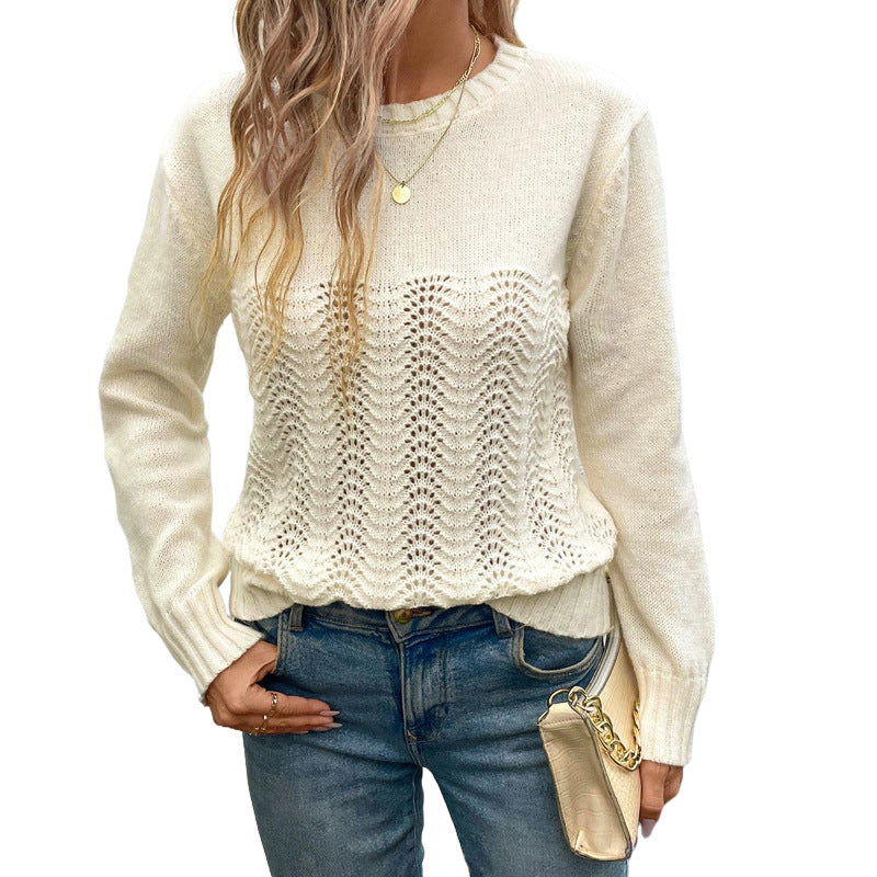 Damen Feinstrick-Pullover mit Wellen-Ajourmuster, Rundhals & legerer Passform Drune