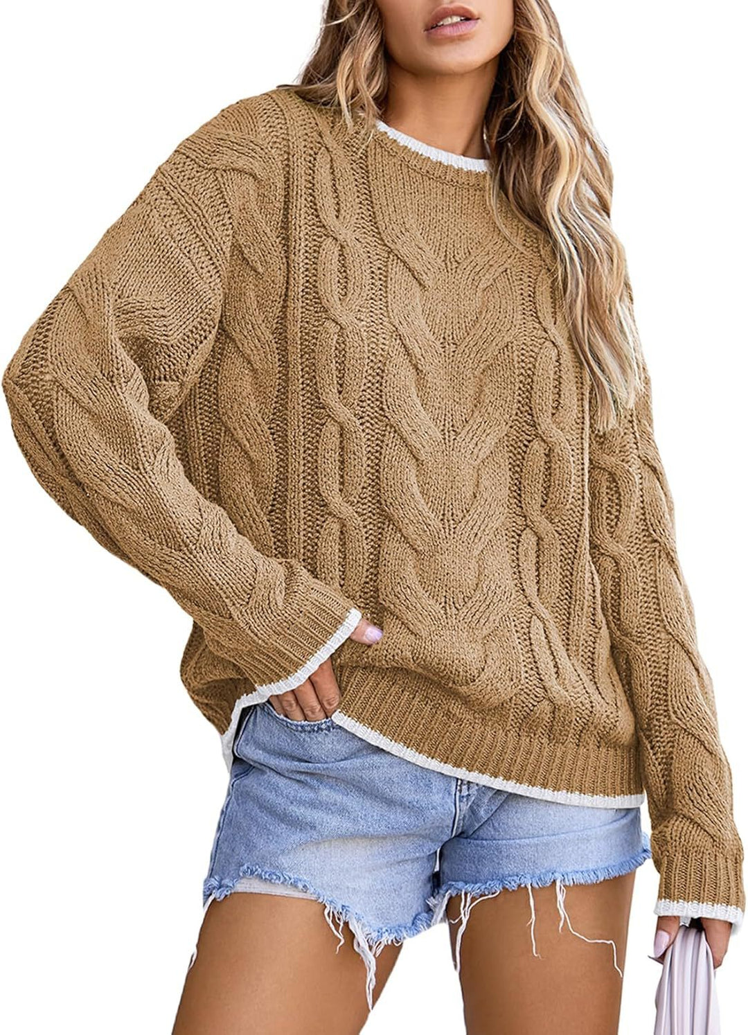 Damen Strickpullover mit grobem Zopfmuster Drune