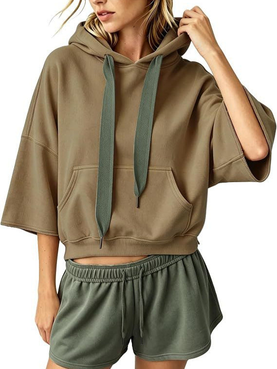 Damen Cropped Kapuzenpullover mit 3/4-Ärmeln und Kängurutasche Drune