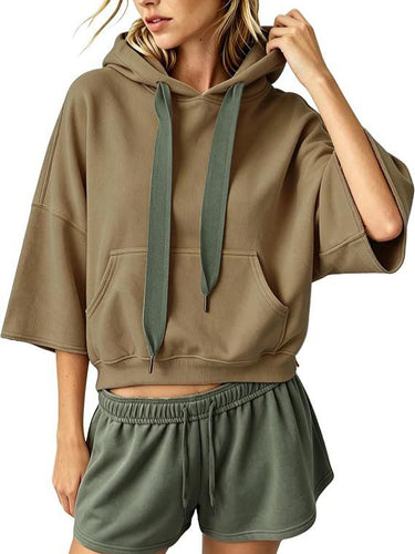 Damen Cropped Kapuzenpullover mit 3/4-Ärmeln und Kängurutasche Drune
