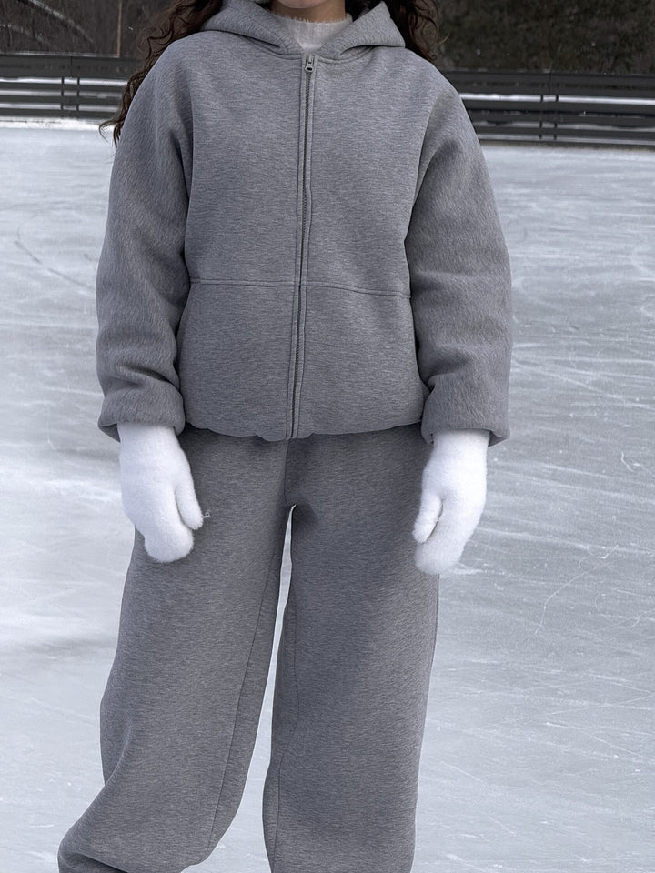 Damen Komfort-Kapuzen-Zipjacke mit verdecktem Reißverschluss, Kängurutasche und gerader Sweat-Hose Drune