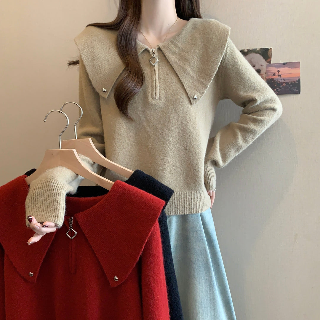 Damen modischer Pullover mit apartem Reißverschluss und großem Kragen Drune