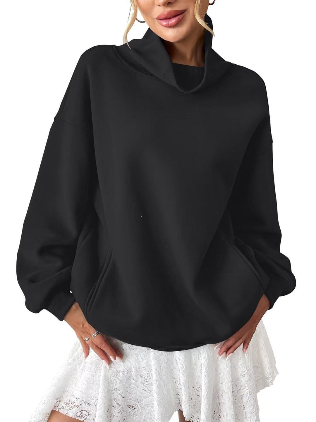 Damen Lässiges Oversize-Sweatshirt mit Schlauchkragen und Kängurutasche Drune
