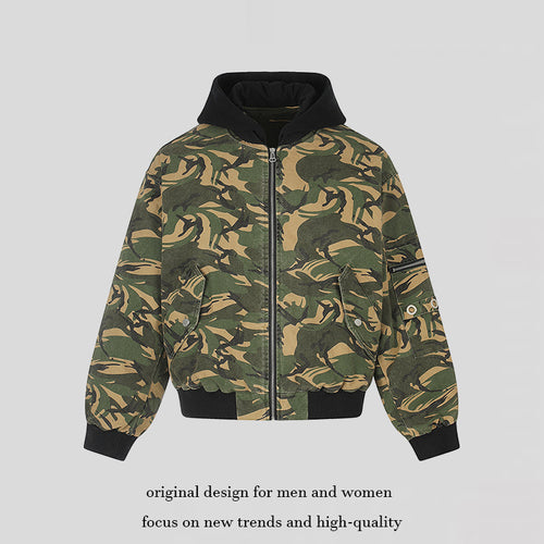 Damen Oversize-Utility Bomberjacke mit Kapuze, Reißverschluss-Front und Ärmel‑Tasche Drune