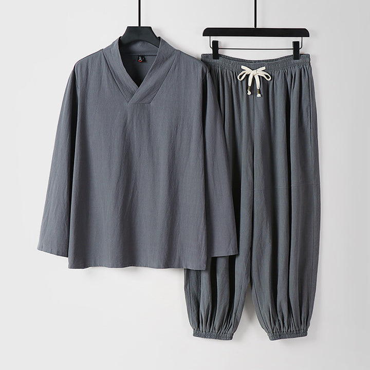 Herren Lockeres Leinen-Loungewear-Set mit V-Ausschnitt elastischem Bund und gerafften Knöcheln Drune