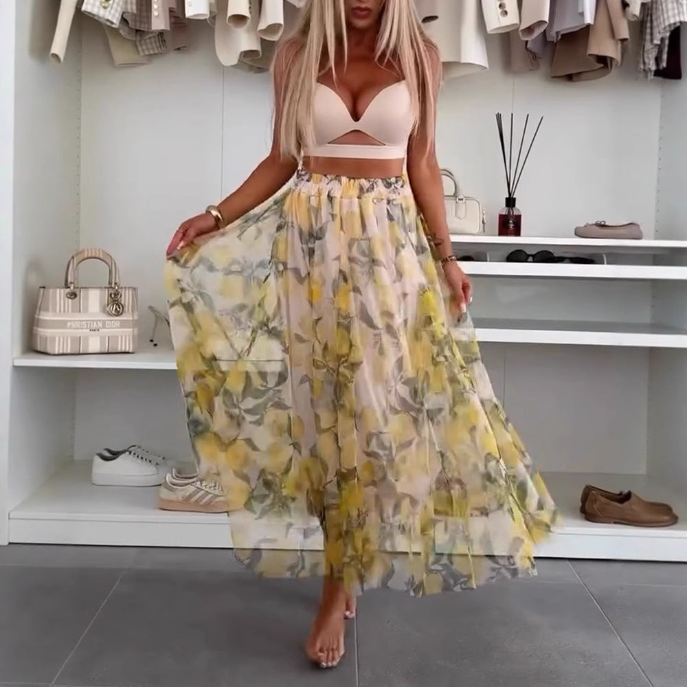 Damen nan fließender Maxi-Rock mit mehrlagigem Chiffon-Overlay, elastischem Bund und feinem Blumenprint Drune