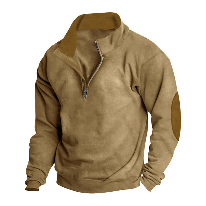 Herren nan Kurzzip-Stehkragenpullover mit Kontrastkragen und Wildleder-Ellenbogenpatches Drune