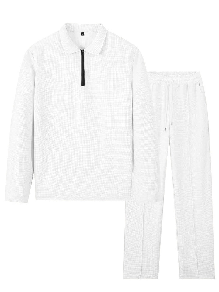 Unisex nan Waffelstruktur Freizeit-Set mit Halbzip-Poloshirt und elastischer Bundhose Drune
