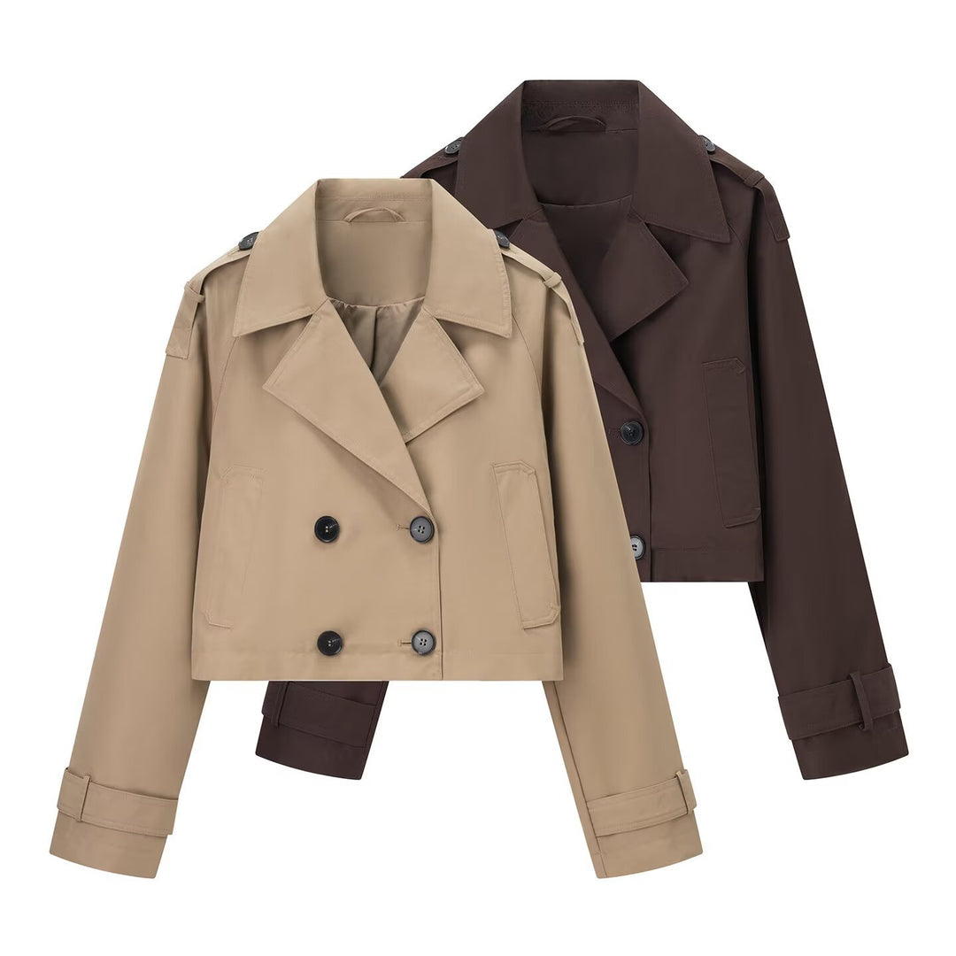 Damen nan kurze taillierte Doppelreiher-Trenchjacke im Boxy-Cropped-Schnitt mit Schulterpatten und verstellbaren Manschetten Drune