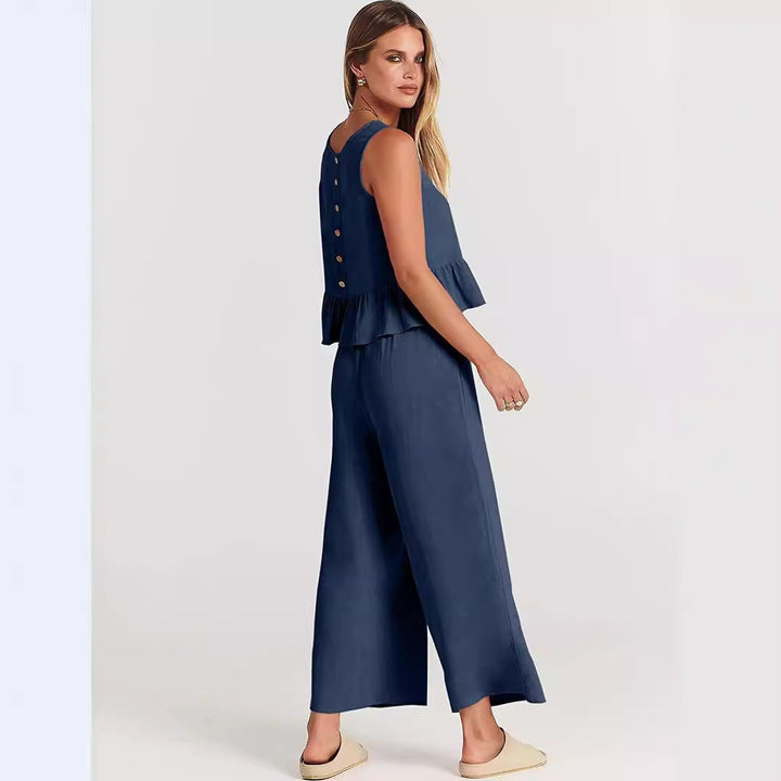 Damen Zweiteiler-Set mit schickem Peplum-Oberteil und weit geschnittenen Hosen Drune