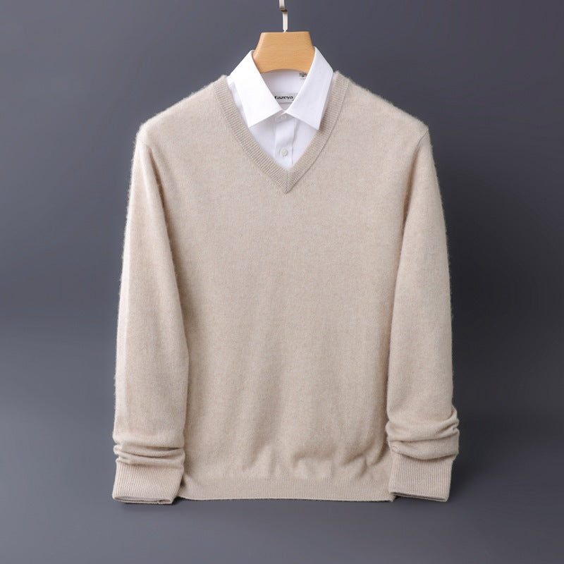 Herren Feiner V-Ausschnitt-Pullover aus Merino-Kaschmir-Mix mit gerippten Bündchen Drune
