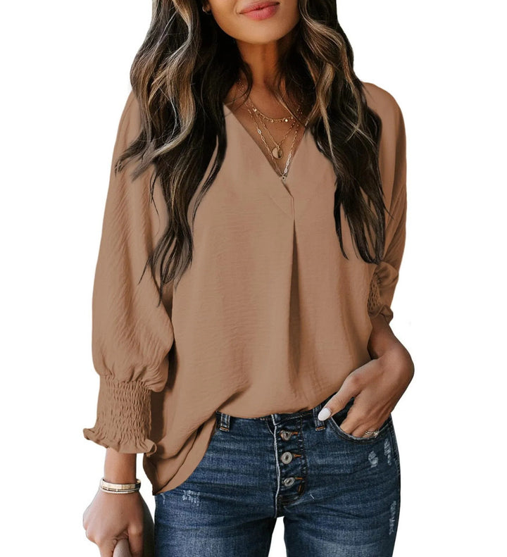 Damen V-Ausschnitt Bluse mit elastischen Ärmelbünden Drune