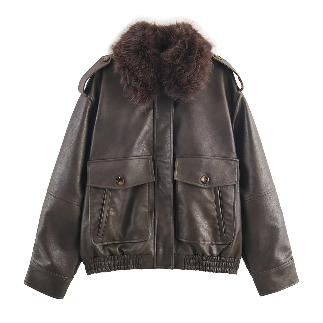 Damen Kunstlederjacke mit abnehmbarer Kunstfellkragen und praktischen Taschen Drune