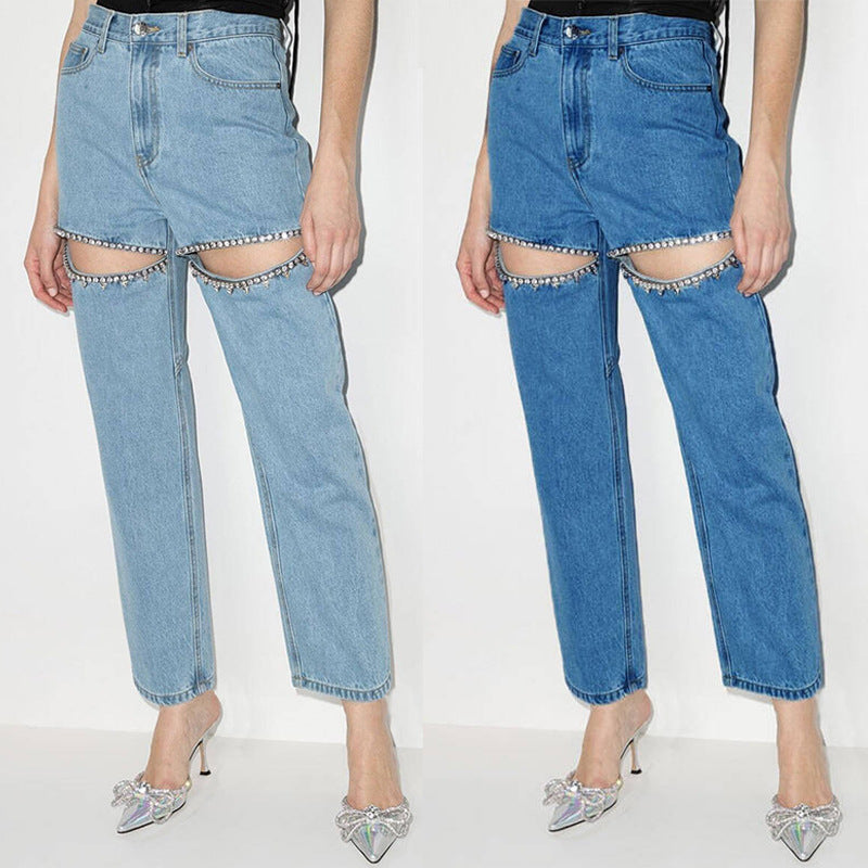 Damen ripped Jeans mit strassbesetzten Schnittstellen Drune