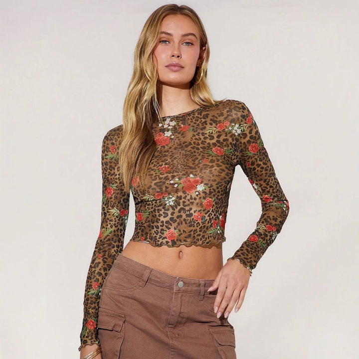 Damen nan feines Mesh-Crop-Top mit Leoparden- und Rosenprint Drune
