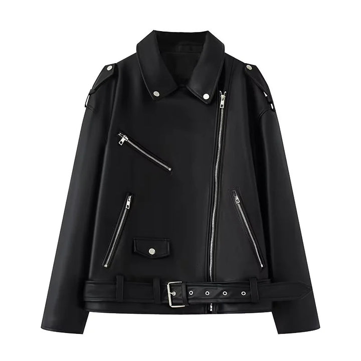 Damen nan asymmetrische Bikerjacke aus veganem Lederimitat mit Schulterklappen, mehreren Reißverschlusstaschen und taillierbarem Gürtel Drune