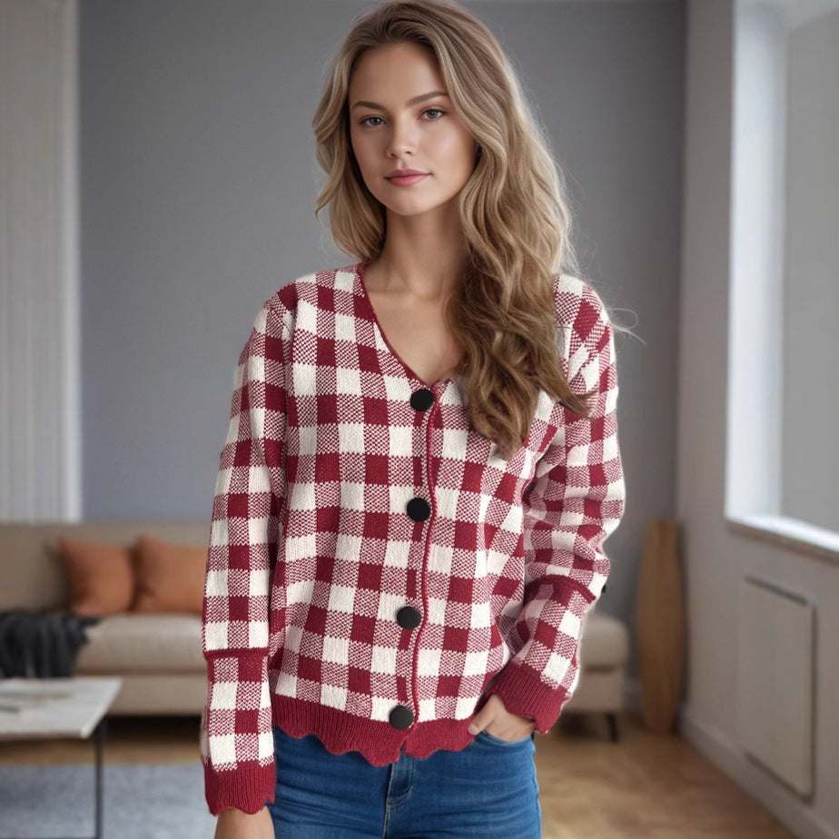 Damen lässige Strickjacke mit kräftigem Karomuster und modischen Knopfdetails Drune