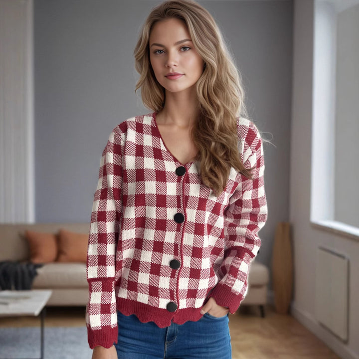 Damen lässige Strickjacke mit kräftigem Karomuster und modischen Knopfdetails Drune