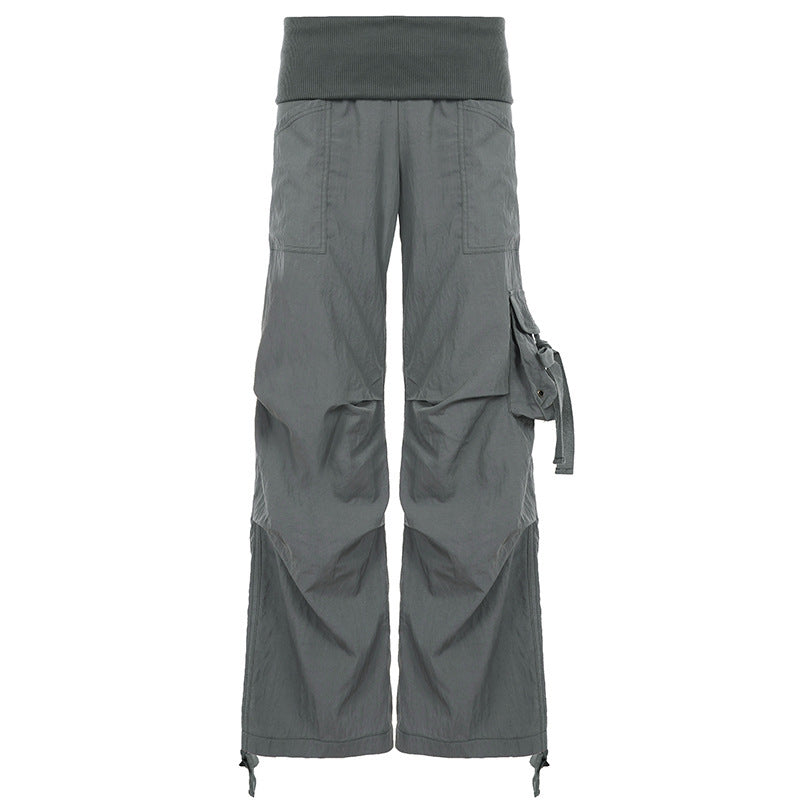 Damen Weite Cargo-Hose mit hohem Umschlagbund, Utility-Tasche und Kordelzug Drune