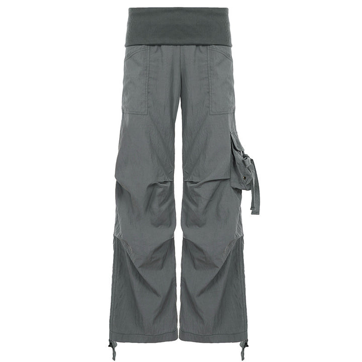 Damen Weite Cargo-Hose mit hohem Umschlagbund, Utility-Tasche und Kordelzug Drune