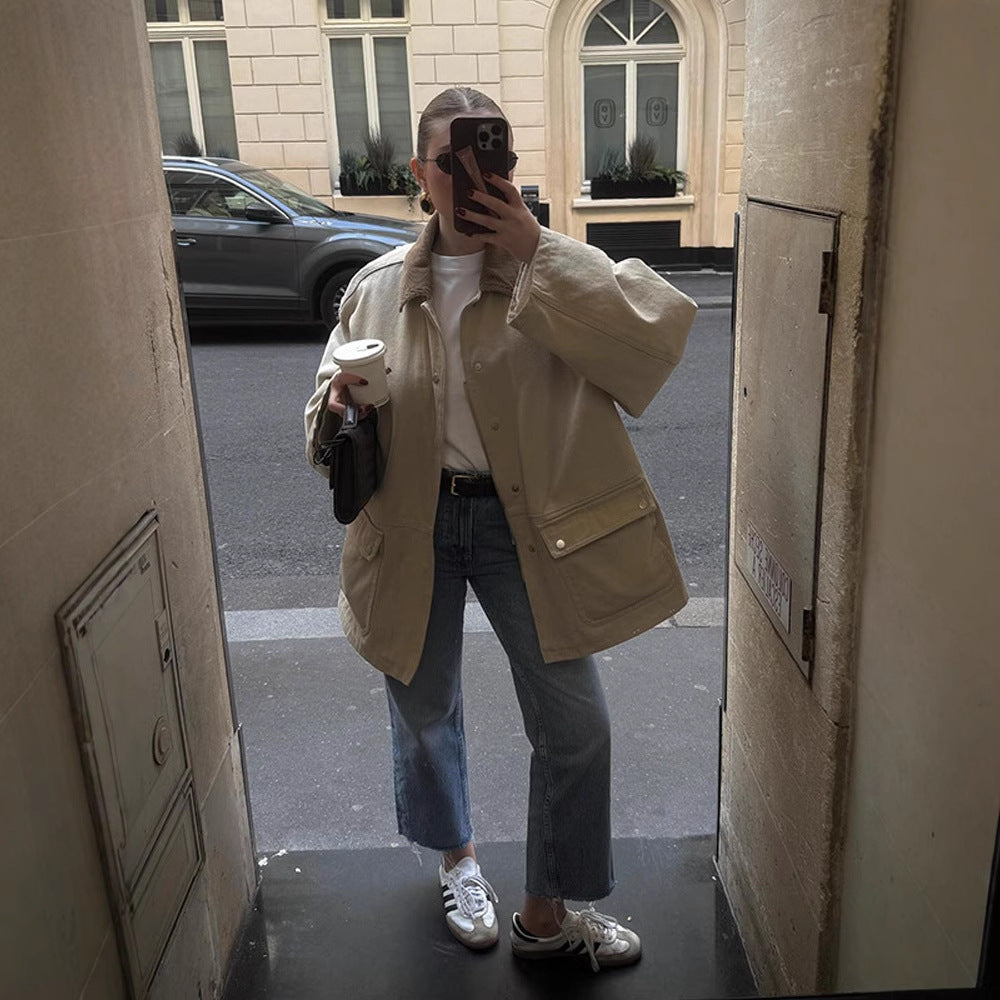 Damen Oversize-Fieldjacke mit Cordkragen, großen Pattentaschen und Druckknopfverschluss Drune