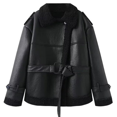 Damen 600+ Kurzjacke im Aviator‑Stil mit Kunstfellfutter und Bindegürtel Drune