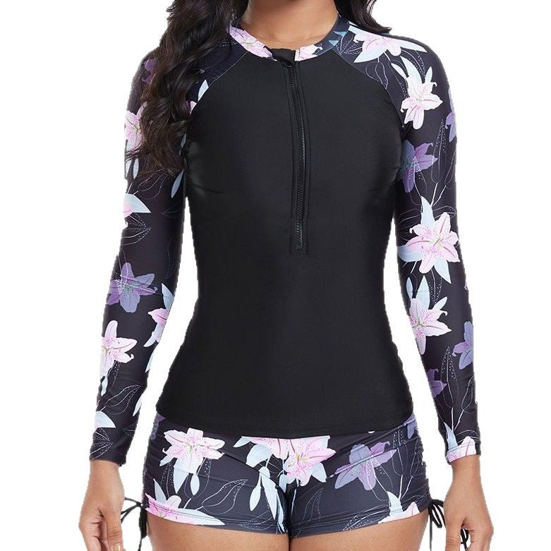 Damen UV-Schutz Rashguard mit floralem Muster und kurzen Hosen Drune