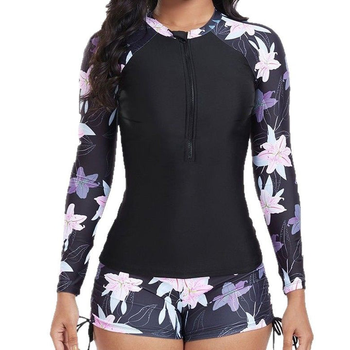 Damen UV-Schutz Rashguard mit floralem Muster und kurzen Hosen Drune