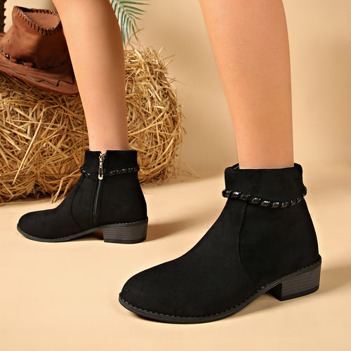 Damen Modische Ankle Boots mit seitlichem Reißverschluss und Ketten-Detail Drune