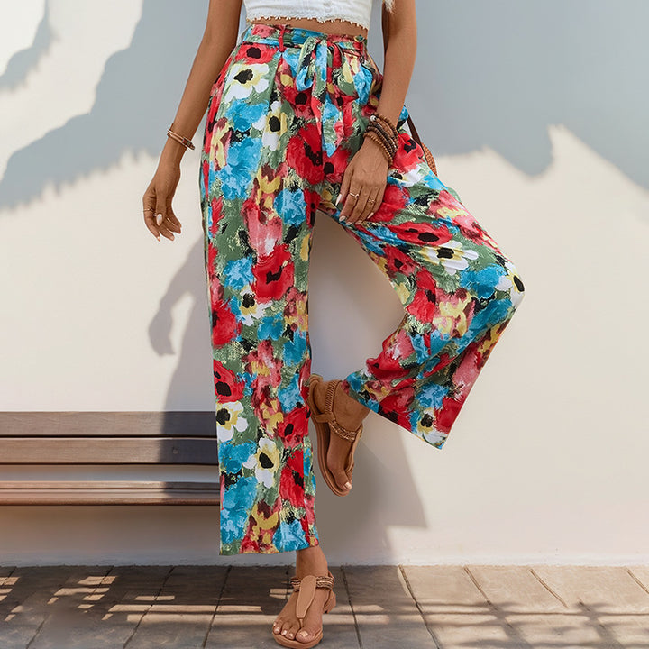 Damen Leichte High‑Waist Marlenehose mit floralem Aquarellprint, weitem Bein & Bindegürtel Drune