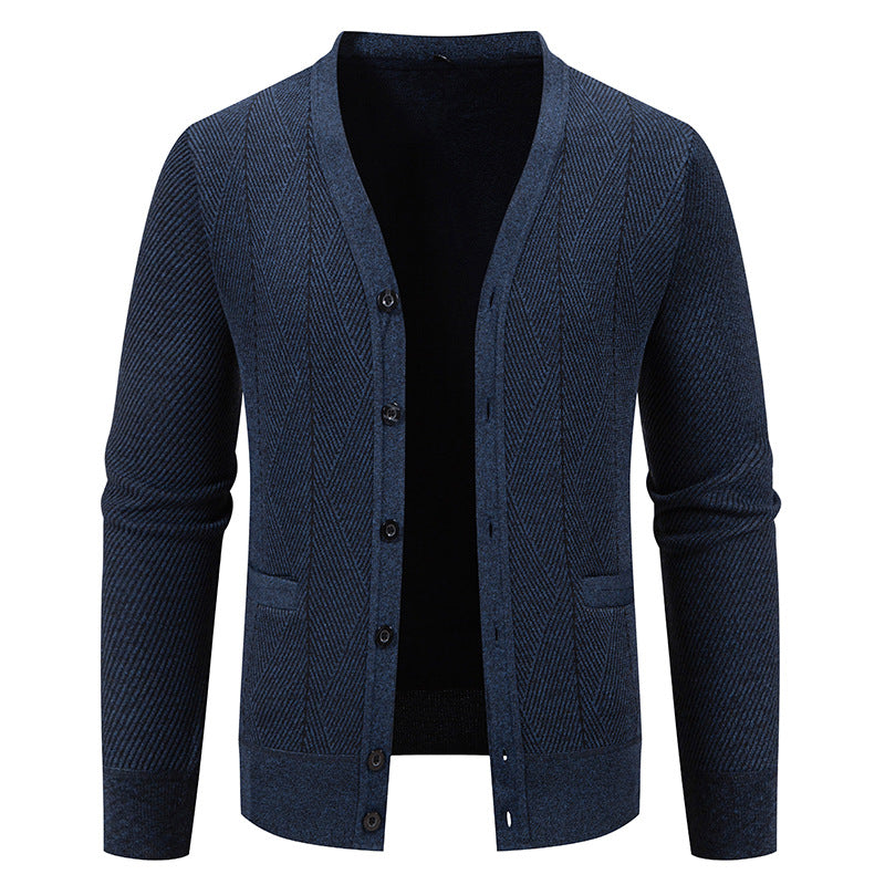 Herren Strukturierter Feinstrick-Cardigan mit Chevron‑Muster, V‑Ausschnitt und Eingrifftaschen Drune