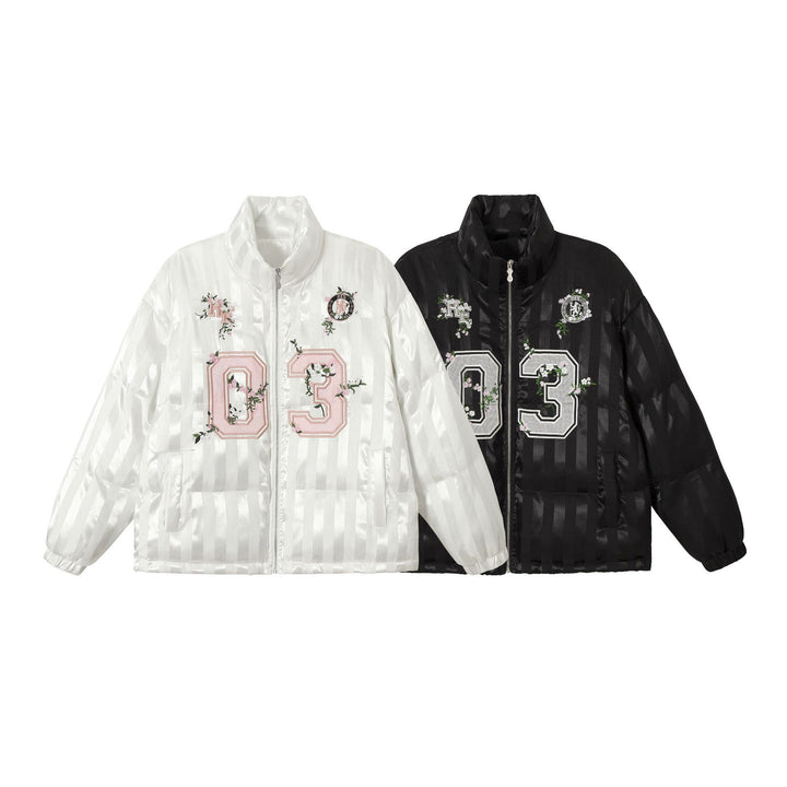 Damen Boxy gesteppte Satin‑Pufferjacke mit floralem Stickdetail Drune