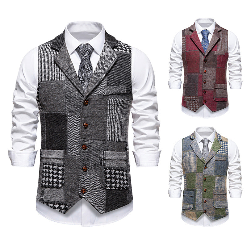 Herren nan Patchwork Weste mit Reverskragen Knopfleiste und aufgesetzten Taschen Drune